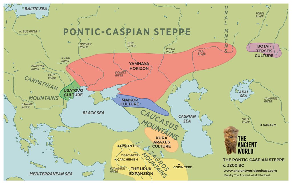 The_Ancient_World_Pontic_Caspian_Steppe_c3200_BC_v1 | THE ANCIENT WORLD Map showing the Pontic-Caspian Steppe region and surrounding cultures around 3200 BC, with colored zones labeled (Yamna Horizon, Botai-Tersek, Maikop, Usatovo).