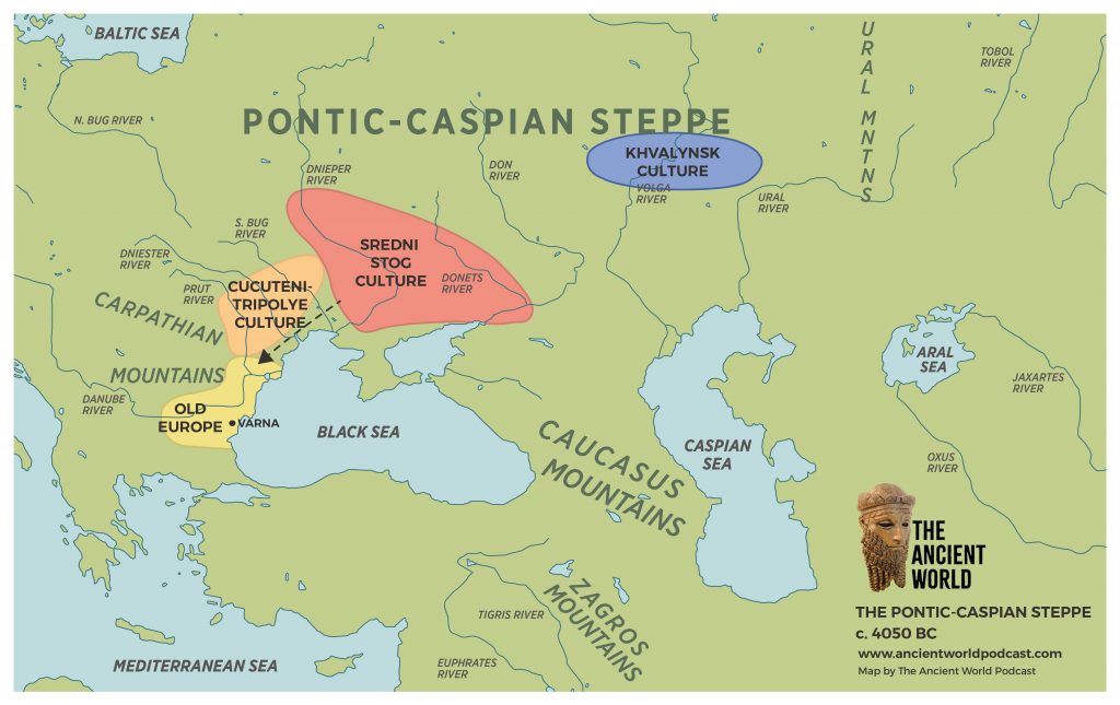 Map of the Pontic-Caspian Steppe showing major cultures (Sredni Stog, Cucuteni-Trypole, Khvalynsk) and labeled rivers across Europe and Asia.