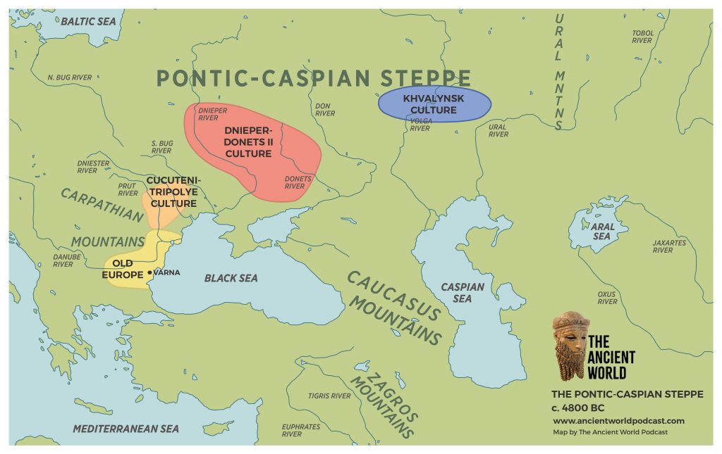 Map of the Pontic-Caspian Steppe showing colored cultural regions—Dnieper-Donets II culture, Cucuteni-Trypilye culture, and Khvalynsk culture—surrounded by the Black Sea, Caspian Sea, and nearby rivers.