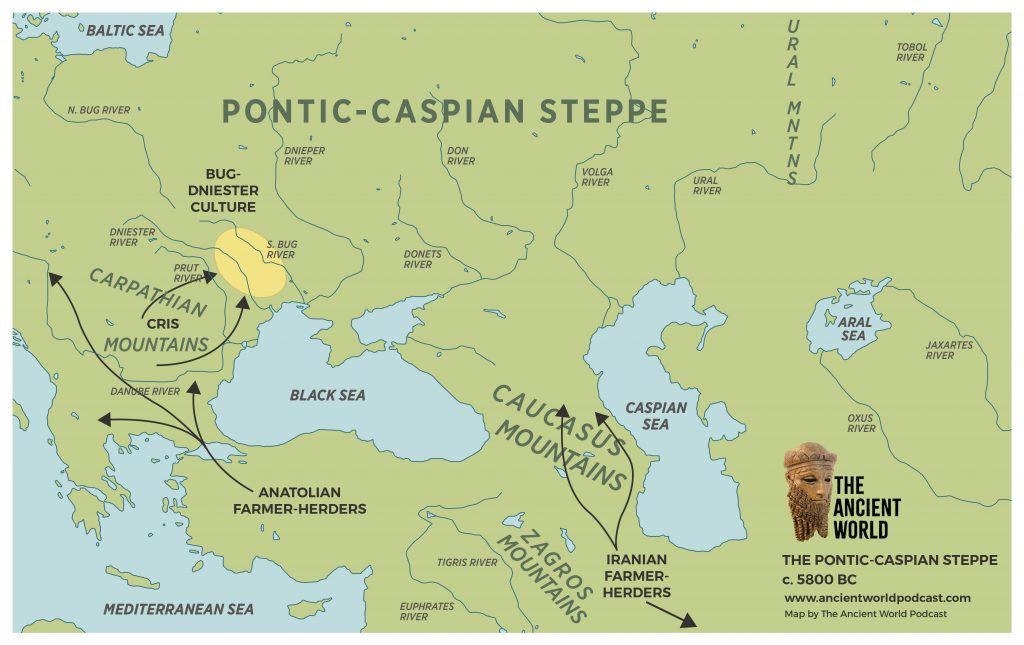 Historical map of the Pontic–Caspian Steppe with rivers, seas, and labeled regions in the ancient world