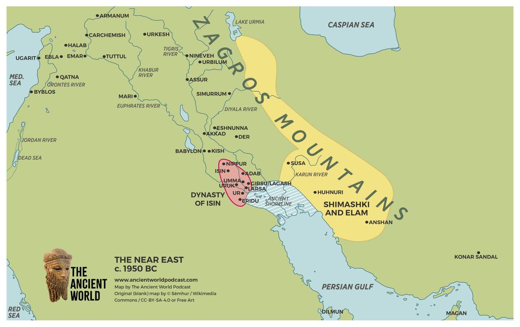 Map of the Near East around 1950 BC showing Mesopotamian city-states like Ur, Uruk, Nippur, Isin, Larsa and Babylonia (dynasty of Isin).
