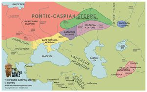 Map of the Pontic–Caspian Steppe showing ancient cultures (Corded Ware, Abashevo, Catacomb, Poltavka, Sintashta) with rivers and seas labeled.