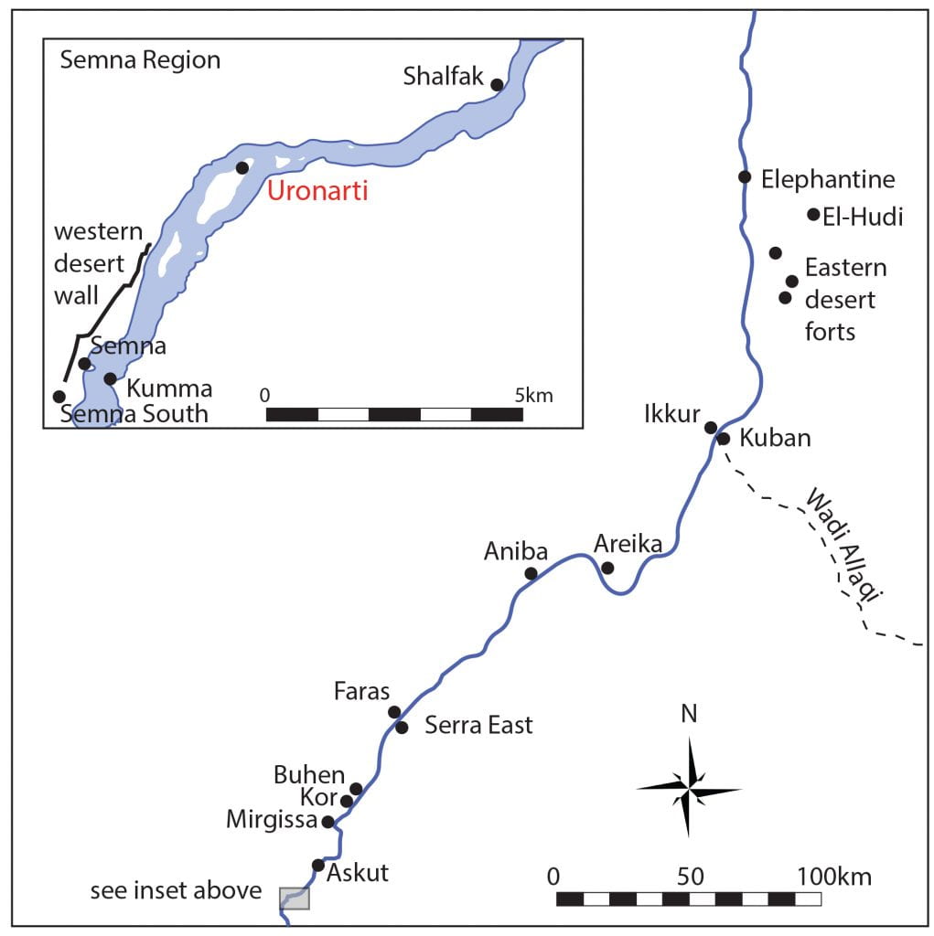 Map of a Nile corridor showing ancient forts and settlements (Semna, Kumma, Semna South, Uronarti, Shalfak, Kuban, Ikkur, Areika, Aniba, Serra East, Faras, Askut, Mirgissa, Buhan) with an inset of the Semna Region, a dashed Wadí Allaqi line, and scale bars.