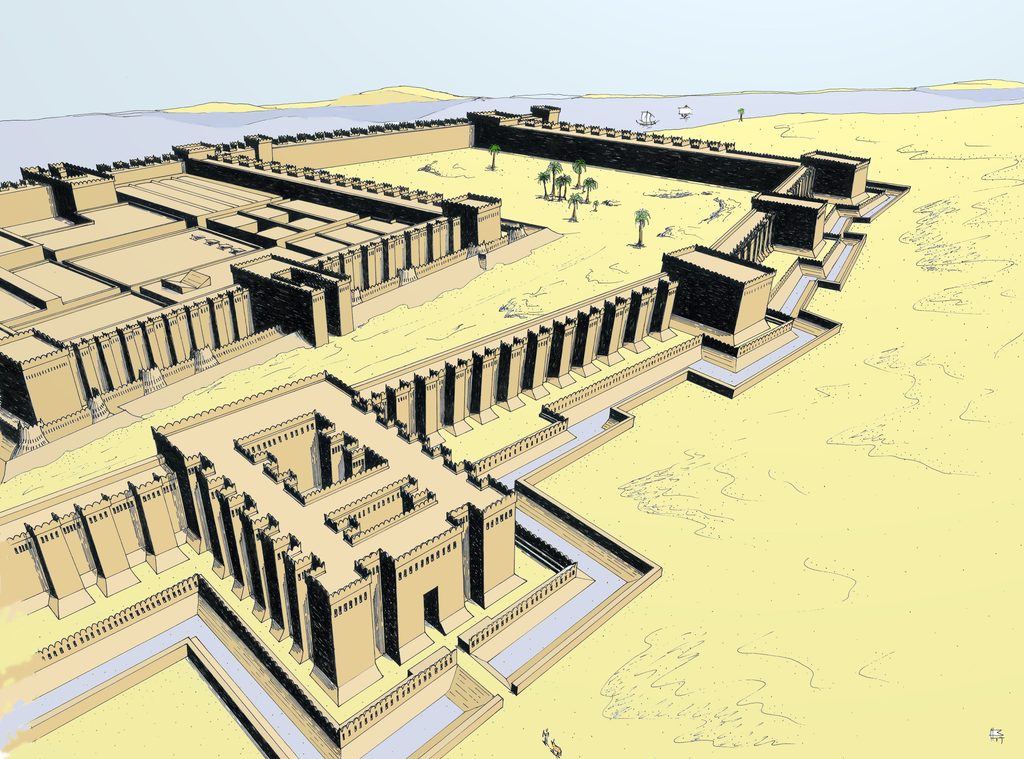 Aerial view of a desert fortress with high crenellated walls, towers, and inner courtyards, overlooking a sandy landscape and distant sea on the horizon with a few palm trees inside the fortress.